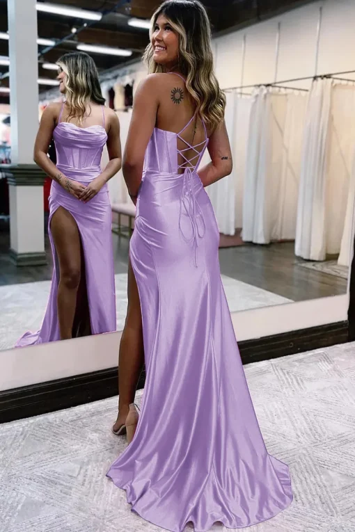 Dark Green Satin Mermaid Corset Prom Dress with Slit