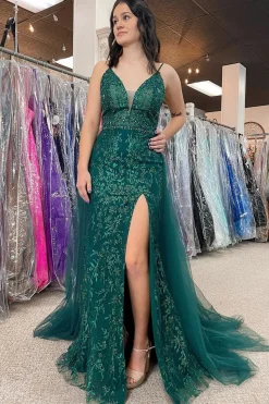 Dark Green Sequins Mermaid Prom Dress with Slit