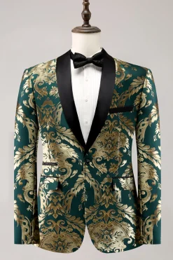 Dark Green Shawl Lapel One Button Jacquard Men's Prom Blazer