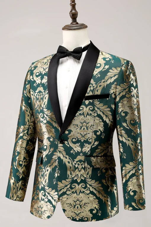 Dark Green Shawl Lapel One Button Jacquard Men's Prom Blazer