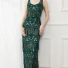 Dark Green Sheath Fringes Sequins Evening Dress