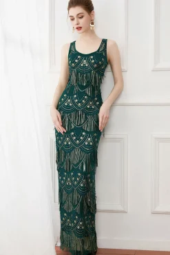 Dark Green Sheath Fringes Sequins Evening Dress