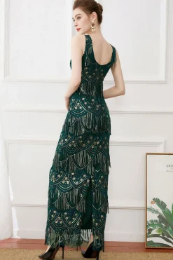 Dark Green Sheath Fringes Sequins Evening Dress