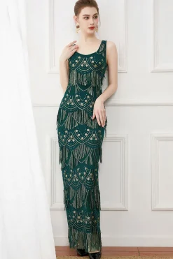 Dark Green Sheath Fringes Sequins Evening Dress