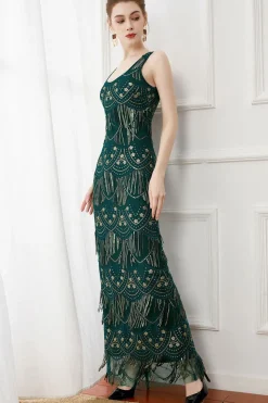 Dark Green Sheath Fringes Sequins Evening Dress