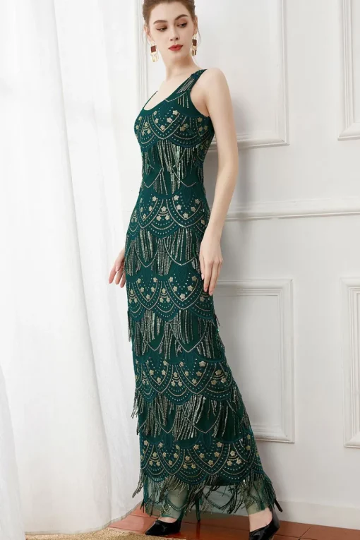 Dark Green Sheath Fringes Sequins Evening Dress