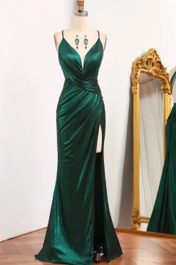 Dark Green Spaghetti Straps Mermaid Long Prom Dress with Slit
