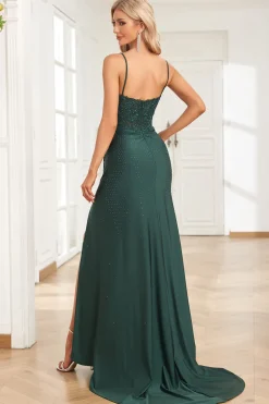 Dark Green Spaghetti Straps Mermaid Prom Dress with Beading