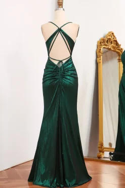 Dark Green Spaghetti Straps Mermaid Long Prom Dress with Slit