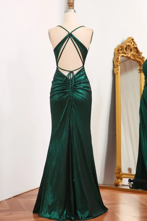 Dark Green Spaghetti Straps Mermaid Long Prom Dress with Slit