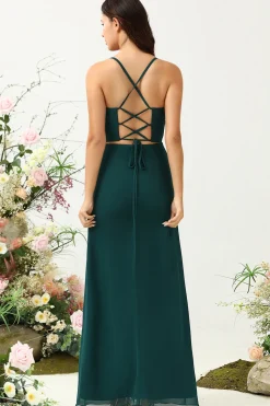 Dark Green Spaghetti Straps Wedding Guest Dress with Slit