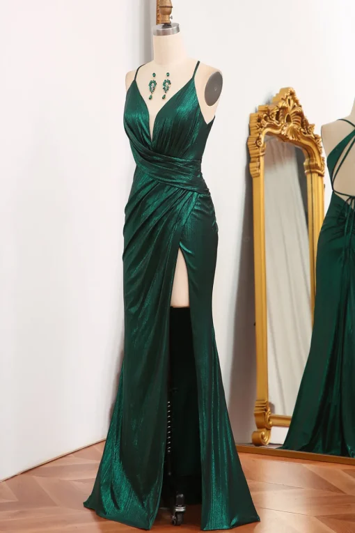 Dark Green Spaghetti Straps Mermaid Long Prom Dress with Slit