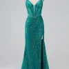 Dark Green Sparkly Mermaid Spaghetti Straps Corset Prom Dress with Slit