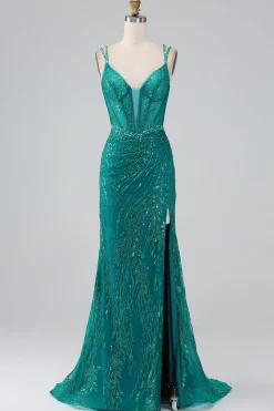 Dark Green Sparkly Mermaid Spaghetti Straps Corset Prom Dress with Slit