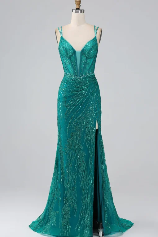 Dark Green Sparkly Mermaid Spaghetti Straps Corset Prom Dress with Slit