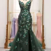Dark Green Sparkly Mermaid Spaghetti Straps Beaded Prom Dress With Split