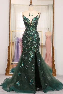 Dark Green Sparkly Mermaid Spaghetti Straps Beaded Prom Dress With Split