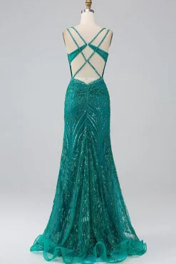 Dark Green Sparkly Mermaid Spaghetti Straps Corset Prom Dress with Slit