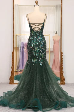 Dark Green Sparkly Mermaid Spaghetti Straps Beaded Prom Dress With Split