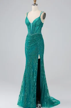 Dark Green Sparkly Mermaid Spaghetti Straps Corset Prom Dress with Slit
