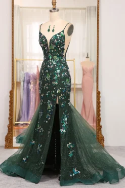 Dark Green Sparkly Mermaid Spaghetti Straps Beaded Prom Dress With Split