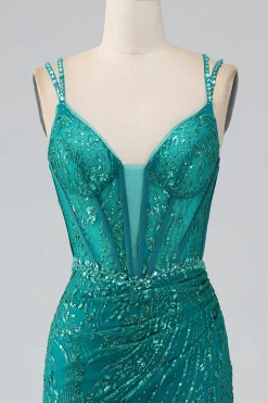 Dark Green Sparkly Mermaid Spaghetti Straps Corset Prom Dress with Slit