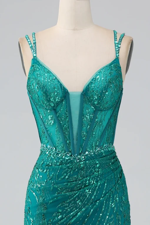 Dark Green Sparkly Mermaid Spaghetti Straps Corset Prom Dress with Slit