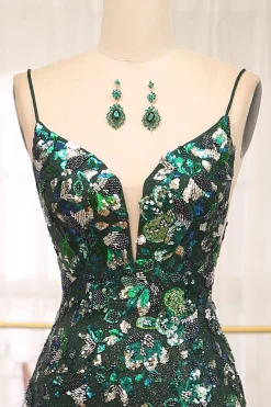 Dark Green Sparkly Mermaid Spaghetti Straps Beaded Prom Dress With Split