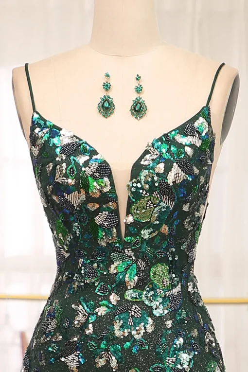 Dark Green Sparkly Mermaid Spaghetti Straps Beaded Prom Dress With Split