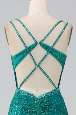 Dark Green Sparkly Mermaid Spaghetti Straps Corset Prom Dress with Slit