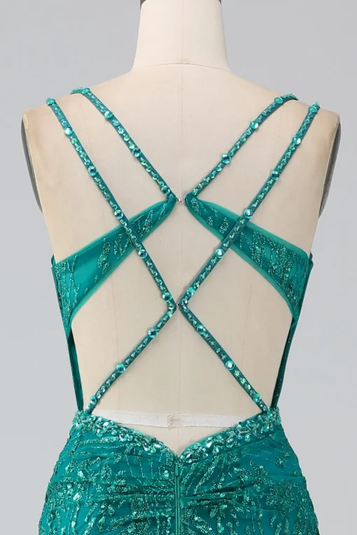 Dark Green Sparkly Mermaid Spaghetti Straps Corset Prom Dress with Slit