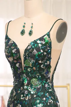 Dark Green Sparkly Mermaid Spaghetti Straps Beaded Prom Dress With Split