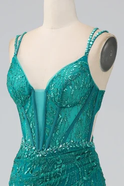 Dark Green Sparkly Mermaid Spaghetti Straps Corset Prom Dress with Slit