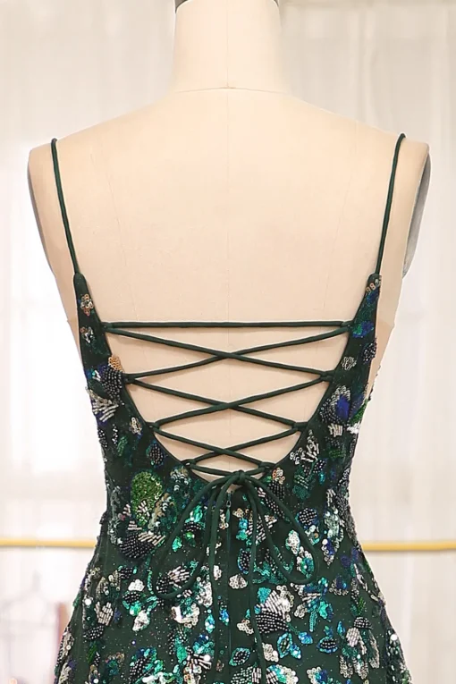 Dark Green Sparkly Mermaid Spaghetti Straps Beaded Prom Dress With Split
