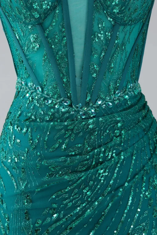 Dark Green Sparkly Mermaid Spaghetti Straps Corset Prom Dress with Slit