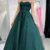 Dark Green Tulle A Line Prom Dress with Appliques