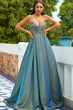 Dark Grey Glitter Spaghetti Straps Long Prom Dress