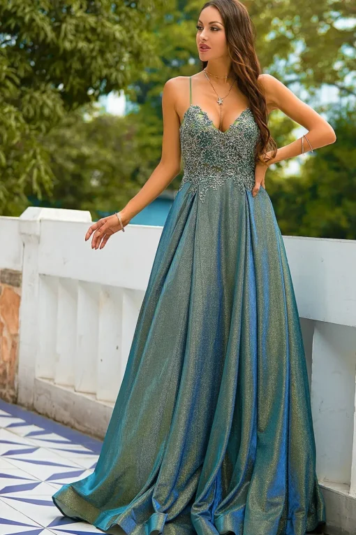 Dark Grey Glitter Spaghetti Straps Long Prom Dress