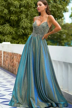 Dark Grey Glitter Spaghetti Straps Long Prom Dress