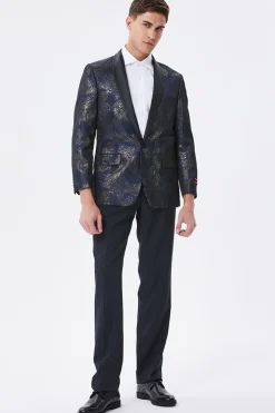 Dark Navy Jacquard Shawl Lapel Men's Prom Blazer