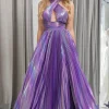Dark Purple A-line Halter Neck Pleated Prom Dress