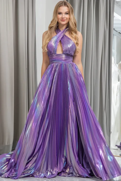 Dark Purple A-line Halter Neck Pleated Prom Dress