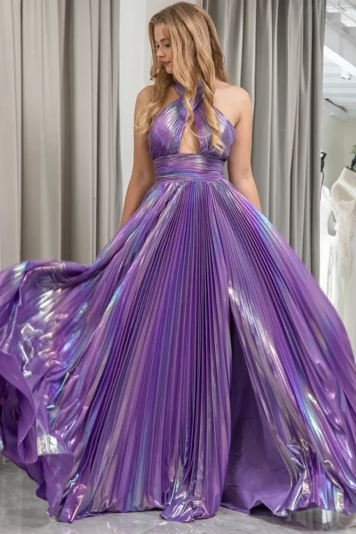 Dark Purple A-line Halter Neck Pleated Prom Dress