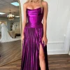 Dark Purple Strapless Pleated A Line Long Corset Prom Dress with Slit