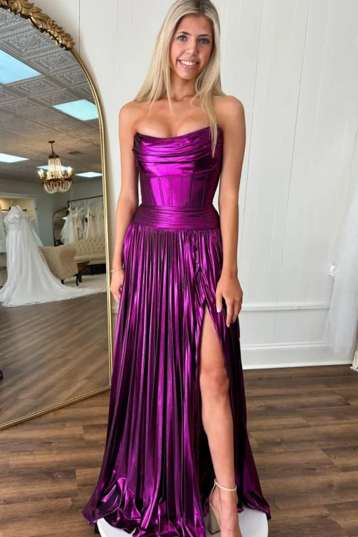 Dark Purple Strapless Pleated A Line Long Corset Prom Dress with Slit