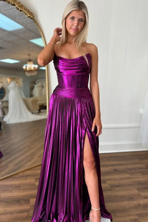Dark Purple Strapless Pleated A Line Long Corset Prom Dress with Slit