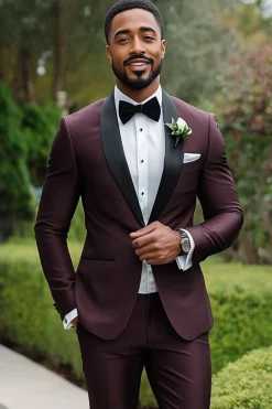 Dark Red 2 Pieces Shawl Lapel Men Formal Suits with One Button