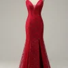 Dark Red Spaghetti Straps Mermaid Prom Dress with Slit