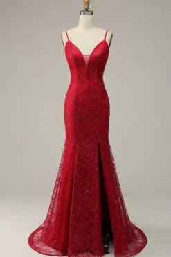Dark Red Spaghetti Straps Mermaid Prom Dress with Slit