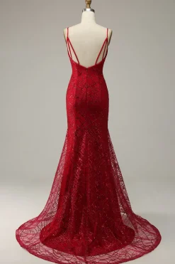 Dark Red Spaghetti Straps Mermaid Prom Dress with Slit